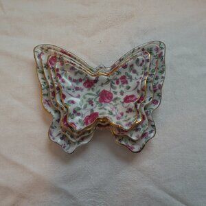Butterfly Trays Pink Flowers Vintage Japan Set of 4 - 5 3/4" - 3 1/2"